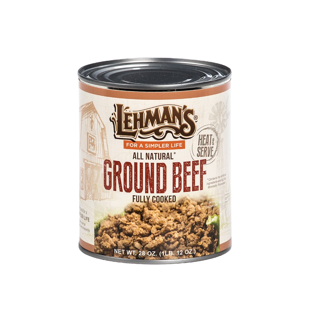 Handcrafted can of Lehman's all natural fully cooked ground beef with rustic packaging, ideal for quick meals in Kitchen & Food, Food, Meats, Best Sellers, and Promo Eligible collections.