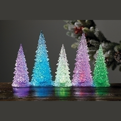Set of five multicolored acrylic trees illuminated with changing LED lights in shades of blue, purple, green, and red, perfect for holiday decor in Home & Decor and Holiday collections.