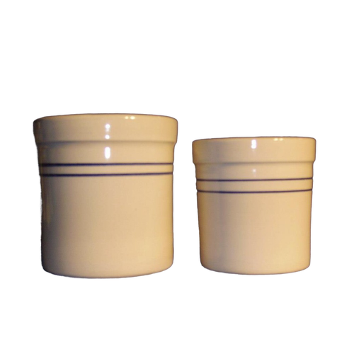 Pair of handmade stoneware crocks with natural finish and distinctive double blue stripes, crafted in USA, ideal for kitchen use, fermenting, and food preservation.