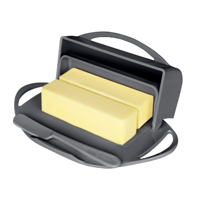 Dark gray flip-top butter dish holding two rectangular blocks of softened butter with a matching spreader resting in a molded cradle, designed for neat, mess-free use in Kitchen & Food and Kitchen Gadgets collections.