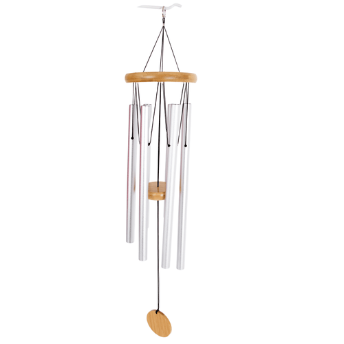Hand-tuned windchime featuring silver metal tubes and natural wood circular windcatcher, handcrafted for soothing garden melodies, ideal for farm and garden accessories collections.