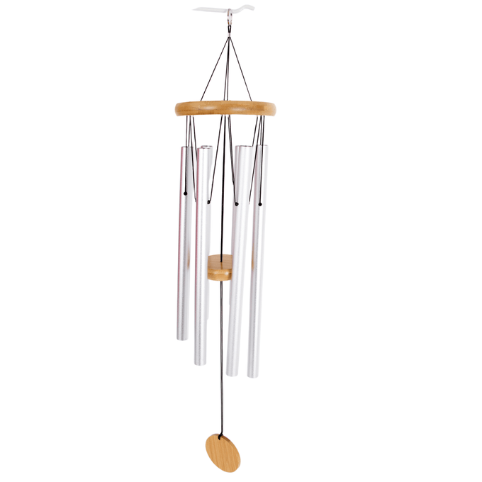 Hand-tuned windchime featuring silver metal tubes and natural wood circular windcatcher, handcrafted for soothing garden melodies, ideal for farm and garden accessories collections.