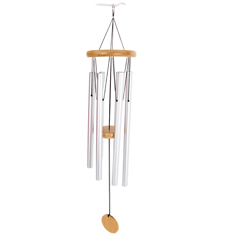 Hand-tuned windchime featuring silver metal tubes and natural wood circular windcatcher, handcrafted for soothing garden melodies, ideal for farm and garden accessories collections.