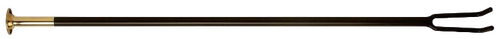 Black powder-coated steel fire tool with brass mouthpiece and two-pronged claw for adjusting logs and coals, designed for use with stoves, fireplaces, and hearth accessories collections.