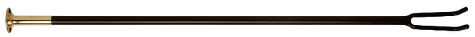 Black powder-coated steel fire tool with brass mouthpiece and two-pronged claw for adjusting logs and coals, designed for use with stoves, fireplaces, and hearth accessories collections.