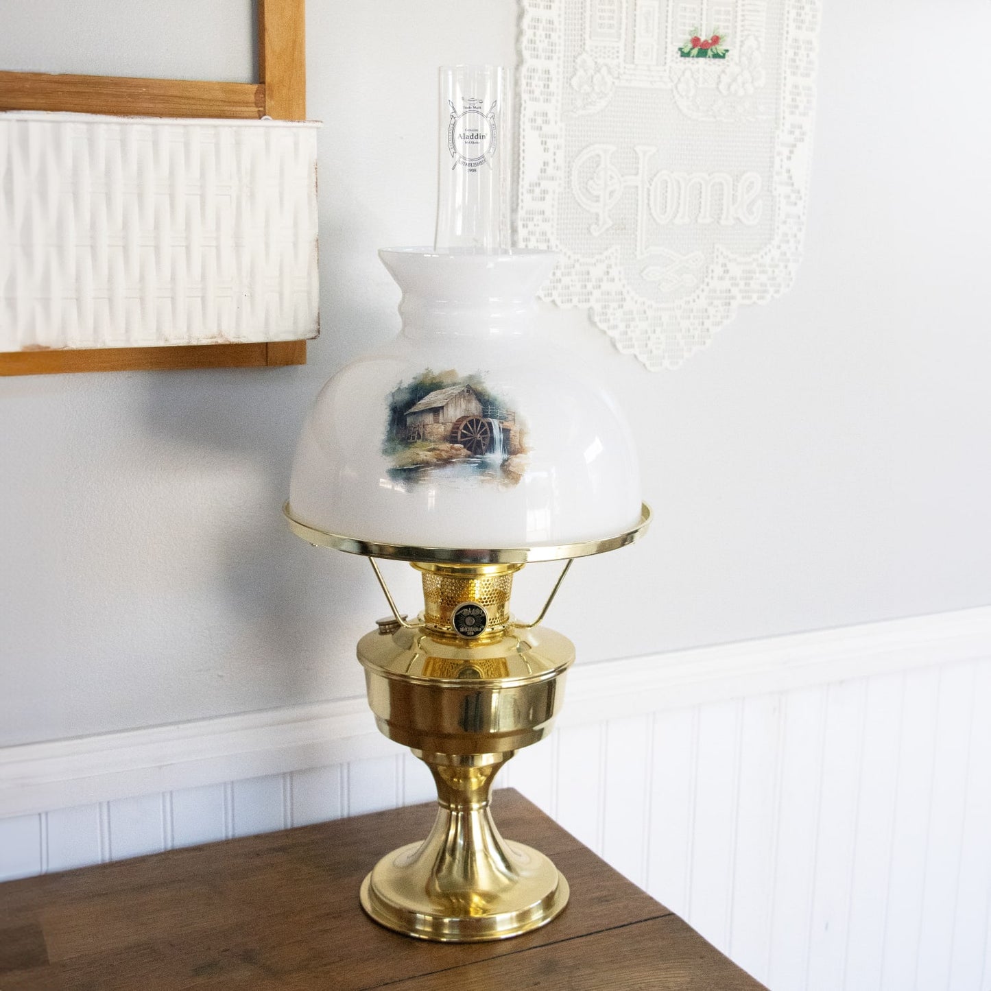 Handcrafted white glass lamp shade featuring a rustic watermill scene, designed to soften oil lamp light, ideal for Lamps & Lighting, Parts and Accessories, Lamp Shades, and Best Sellers collections.
