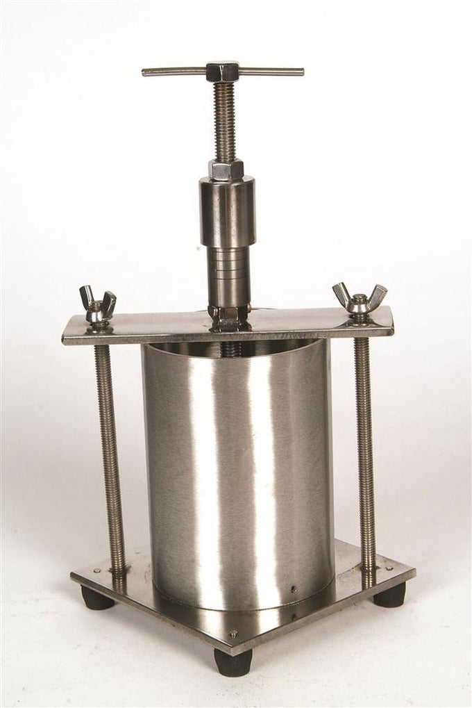 Handcrafted stainless steel cheese press with sturdy screw mechanism and rubber feet, designed for pressing hard cheeses, part of Kitchen & Food, Specialty Equipment, DIY Cheese and Yogurt, USA Made, and Best Sellers collections.
