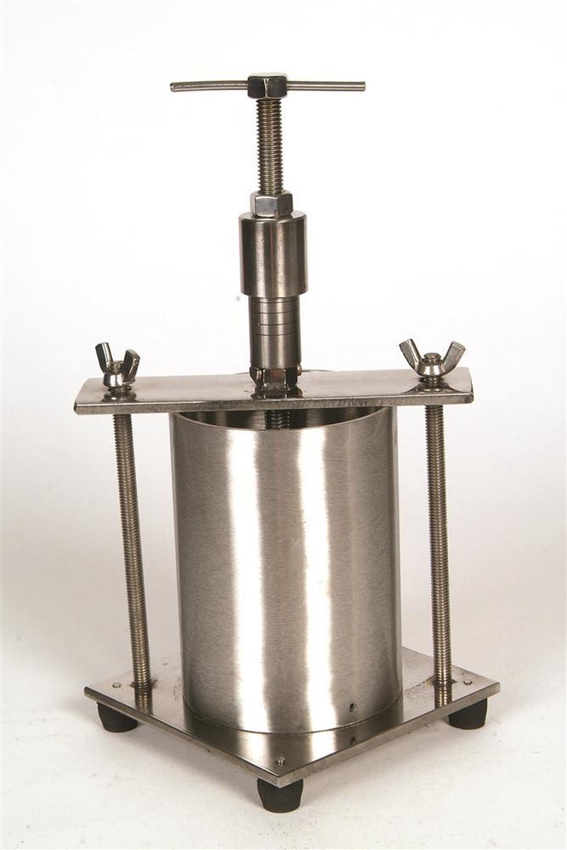 Handcrafted stainless steel cheese press with sturdy screw mechanism and rubber feet, designed for pressing hard cheeses, part of Kitchen & Food, Specialty Equipment, DIY Cheese and Yogurt, USA Made, and Best Sellers collections.