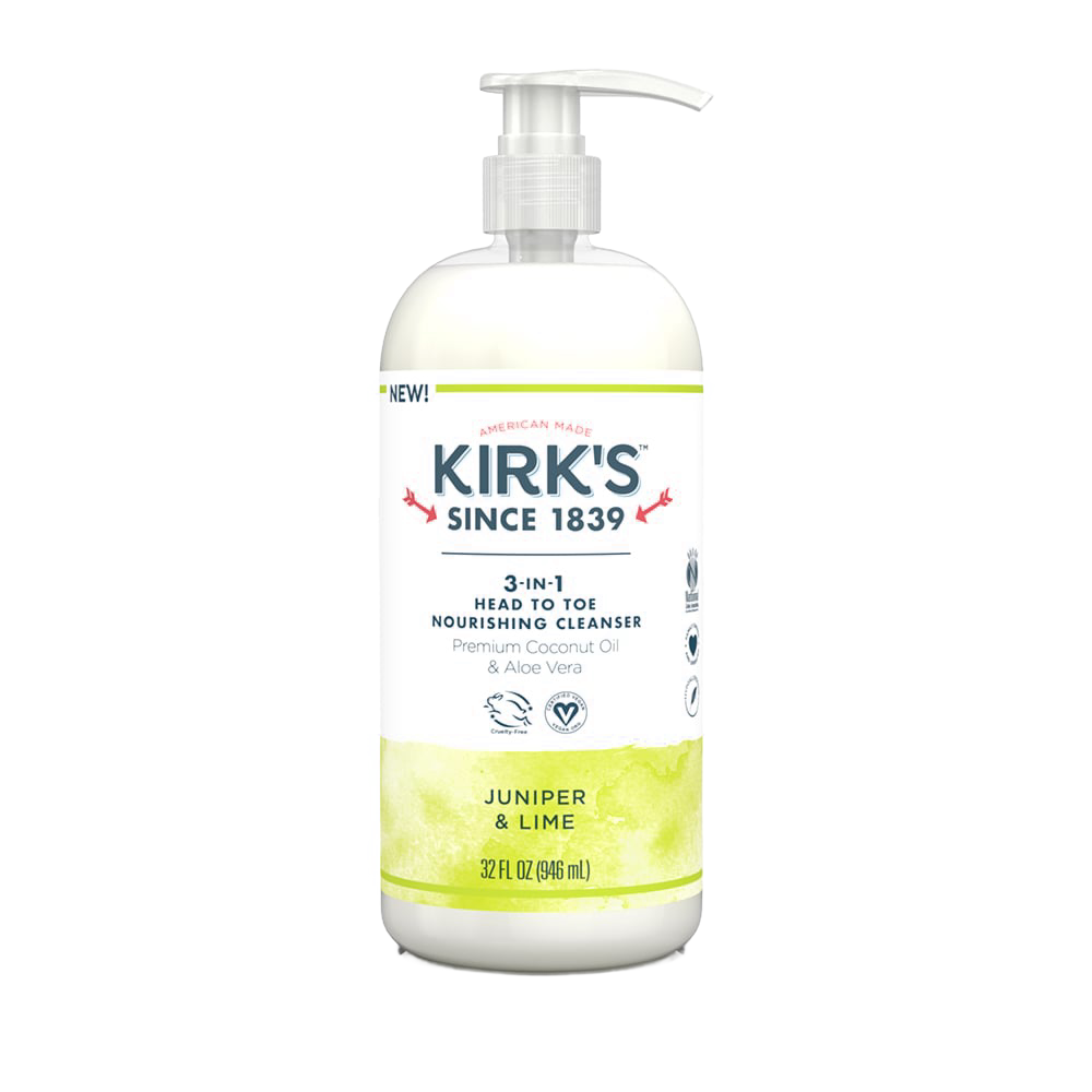 Bottle of Kirk's 3-in-1 Head to Toe Nourishing Cleanser with pump, infused with premium coconut oil and aloe vera, featuring juniper and lime scent, biodegradable and made in USA, ideal for Health & Wellness and Grooming and Personal Hygiene collections.
