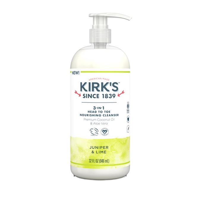 Bottle of Kirk's 3-in-1 Head to Toe Nourishing Cleanser with pump, infused with premium coconut oil and aloe vera, featuring juniper and lime scent, biodegradable and made in USA, ideal for Health & Wellness and Grooming and Personal Hygiene collections.