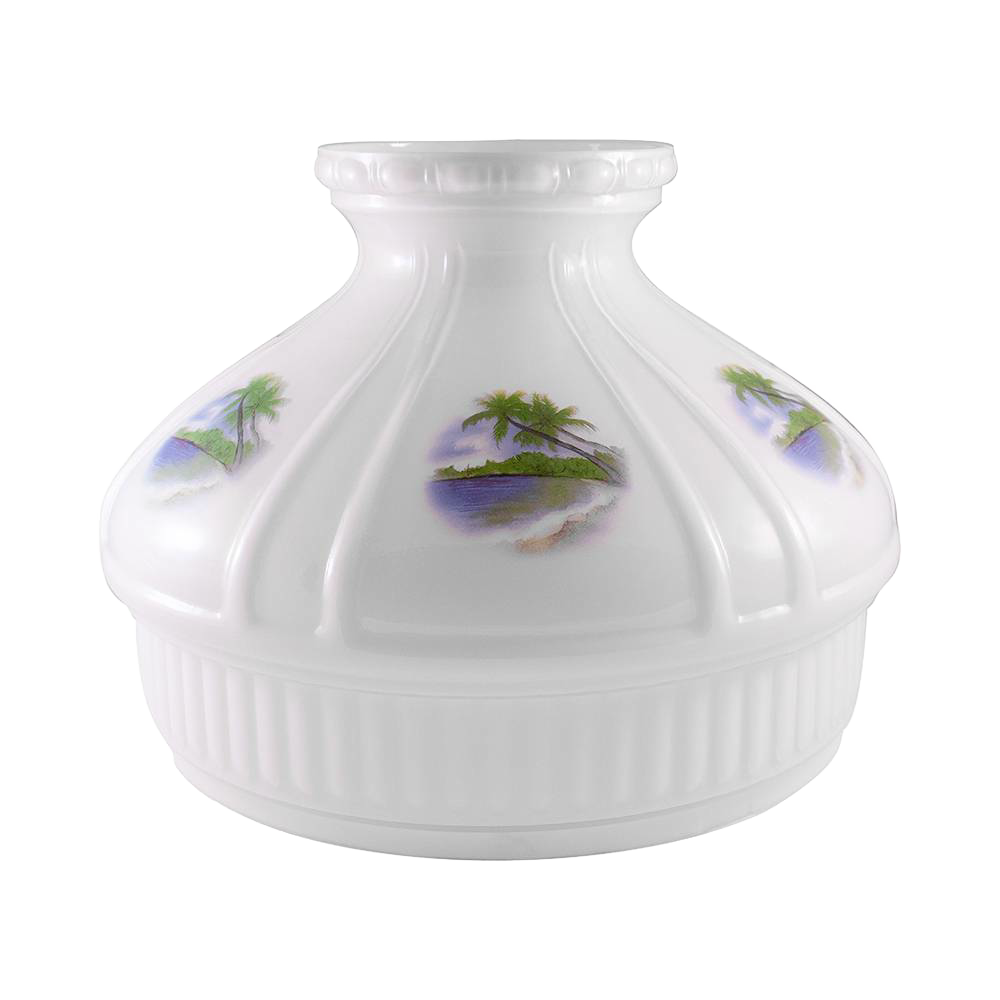 Handcrafted white glass lamp shade featuring a serene beach scene with palm trees, designed for lamps and lighting, parts and accessories, and lamp shades collections.