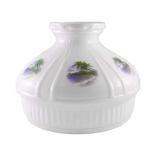 Handcrafted white glass lamp shade featuring a serene beach scene with palm trees, designed for lamps and lighting, parts and accessories, and lamp shades collections.