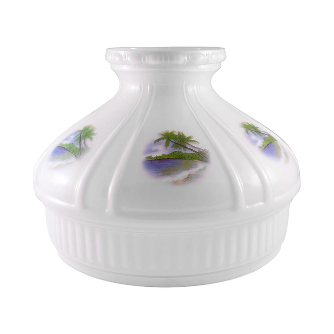 Handcrafted white glass lamp shade featuring a serene beach scene with palm trees, designed for lamps and lighting, parts and accessories, and lamp shades collections.