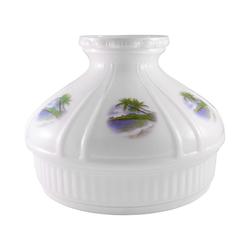 Handcrafted white glass lamp shade featuring a serene beach scene with palm trees, designed for lamps and lighting, parts and accessories, and lamp shades collections.