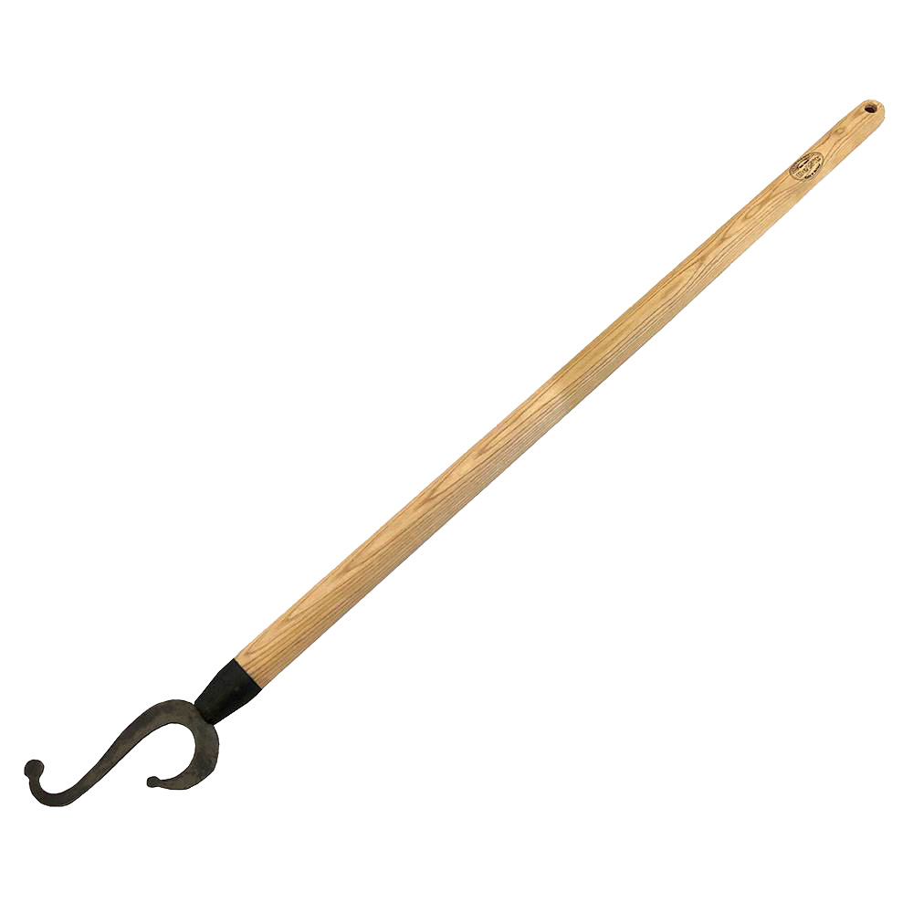 Long wooden handle with a curved metal hook crafted for reaching and pulling high branches, a durable garden tool featured in Farm, Garden & Tool and Apple Harvest Supplies collections.