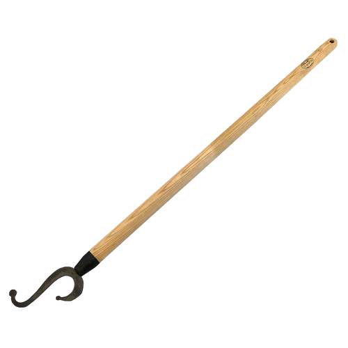 Long wooden handle with a curved metal hook crafted for reaching and pulling high branches, a durable garden tool featured in Farm, Garden & Tool and Apple Harvest Supplies collections.