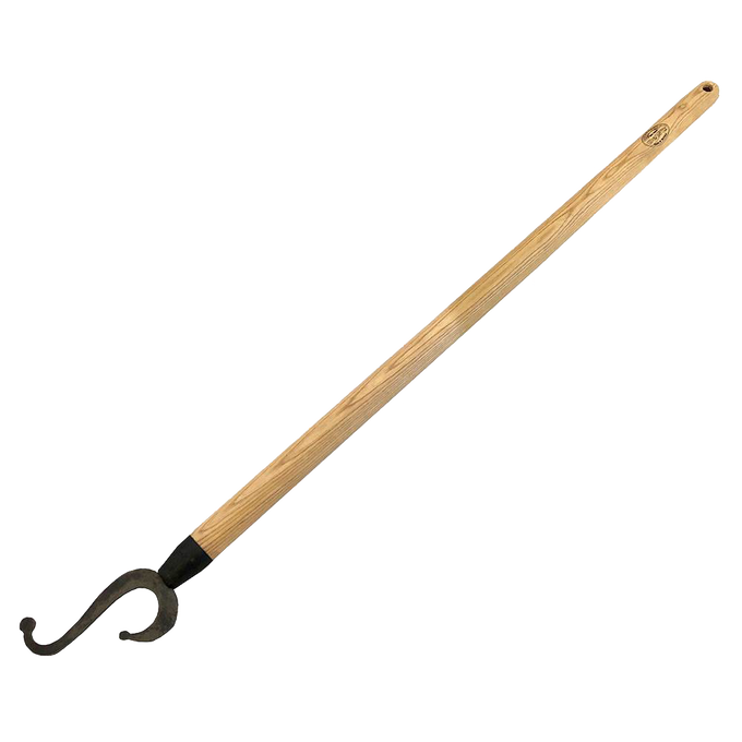 Long wooden handle with a curved metal hook crafted for reaching and pulling high branches, a durable garden tool featured in Farm, Garden & Tool and Apple Harvest Supplies collections.