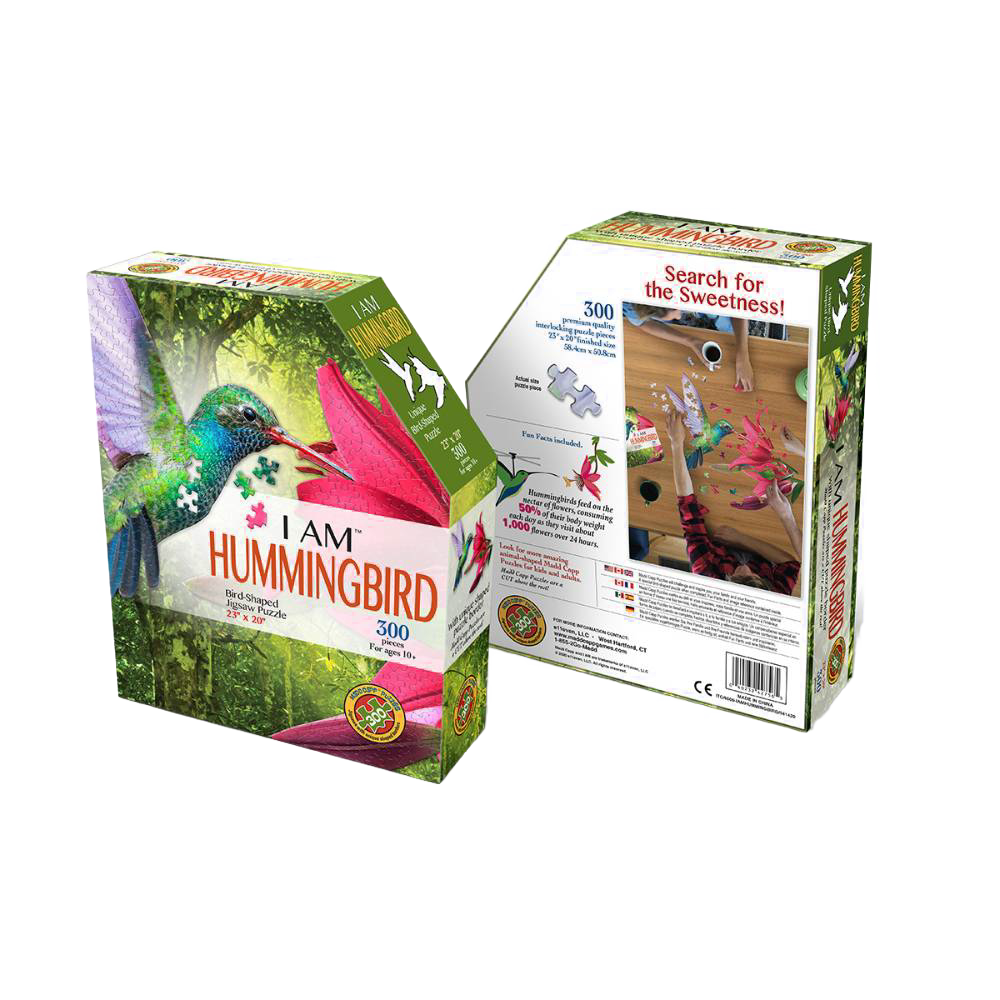 Handcrafted 300-piece hummingbird-shaped jigsaw puzzle with full-color image and educational fun facts, ideal for Toys, Books & Games, Children's Toys, and Puzzles collections.