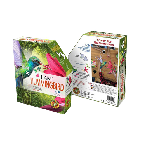 Handcrafted 300-piece hummingbird-shaped jigsaw puzzle with full-color image and educational fun facts, ideal for Toys, Books & Games, Children's Toys, and Puzzles collections.