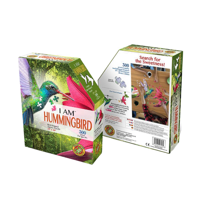 Handcrafted 300-piece hummingbird-shaped jigsaw puzzle with full-color image and educational fun facts, ideal for Toys, Books & Games, Children's Toys, and Puzzles collections.