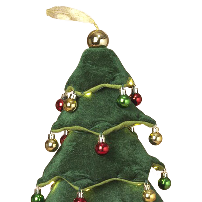 Unique handcrafted collapsible cloth Christmas tree adorned with miniature LED lights and colorful ornaments, battery operated, perfect for Home & Decor, Holiday Decor, Best Sellers, and Promo Eligible collections.