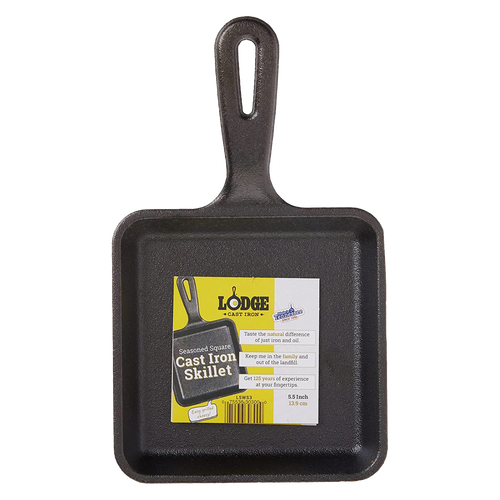 5-inch square cast iron skillet with long handle, pre-seasoned and handcrafted in USA, ideal for cooking small meals; featured in Farm, Garden & Tool, Kitchen & Food, Camping, Cookware, and Cast Iron collections.
