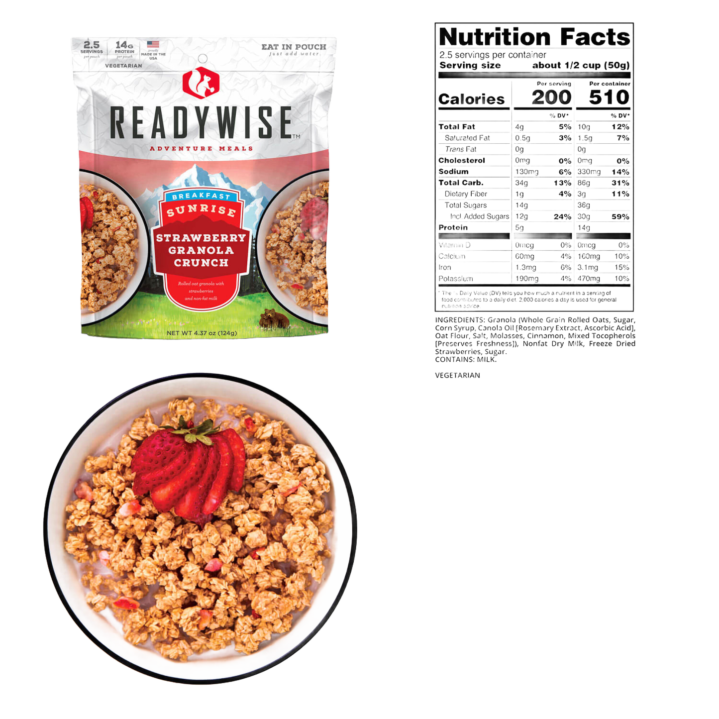 ReadyWise strawberry granola crunch breakfast packet with nutritional facts and bowl of granola topped with fresh strawberry, suitable for Camping, Emergency Supplies, USA Made, and Best Sellers collections.
