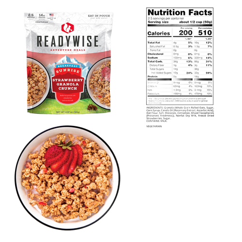 ReadyWise strawberry granola crunch breakfast packet with nutritional facts and bowl of granola topped with fresh strawberry, suitable for Camping, Emergency Supplies, USA Made, and Best Sellers collections.