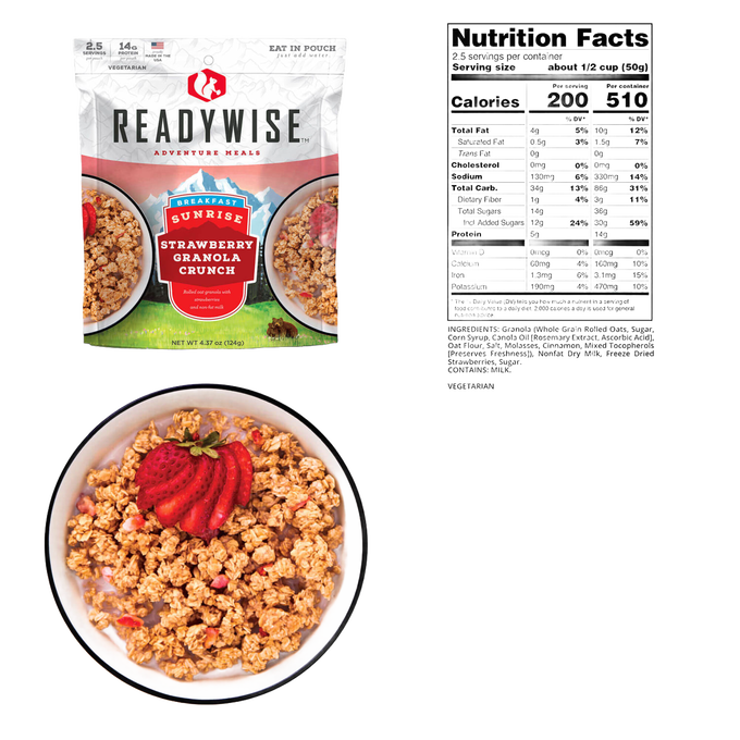 ReadyWise strawberry granola crunch breakfast packet with nutritional facts and bowl of granola topped with fresh strawberry, suitable for Camping, Emergency Supplies, USA Made, and Best Sellers collections.