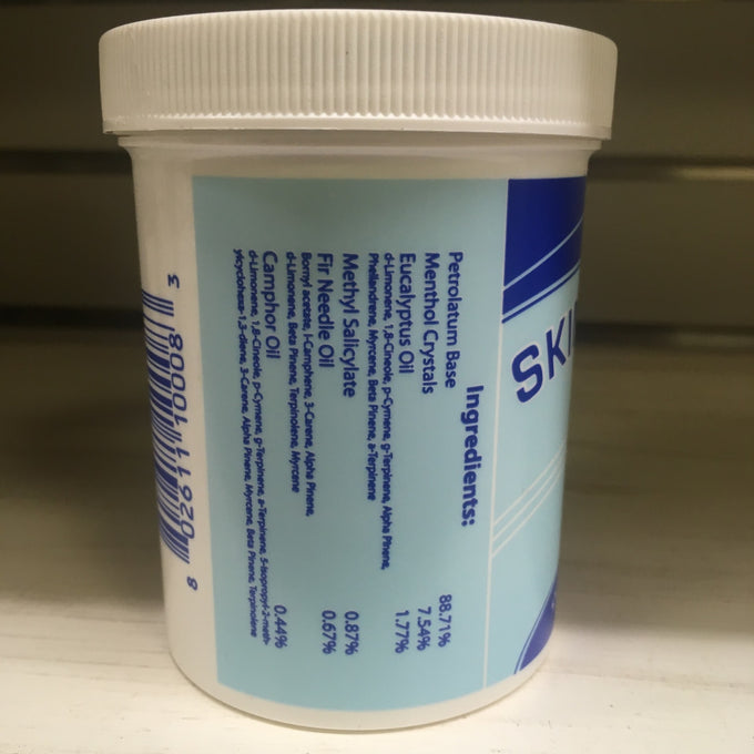 White plastic jar showing ingredient list for Skinner's Vaporizing Salve with menthol crystals, eucalyptus oil, camphor oil, and other natural extracts, featured in Health & Wellness and USA Made collections.