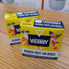 Pairs of yellow Viceroy brand boxes containing red rubber fruit jar rings, designed for Corona, Jewel, Crown, and Gem jars, perfect for canning and food preservation.