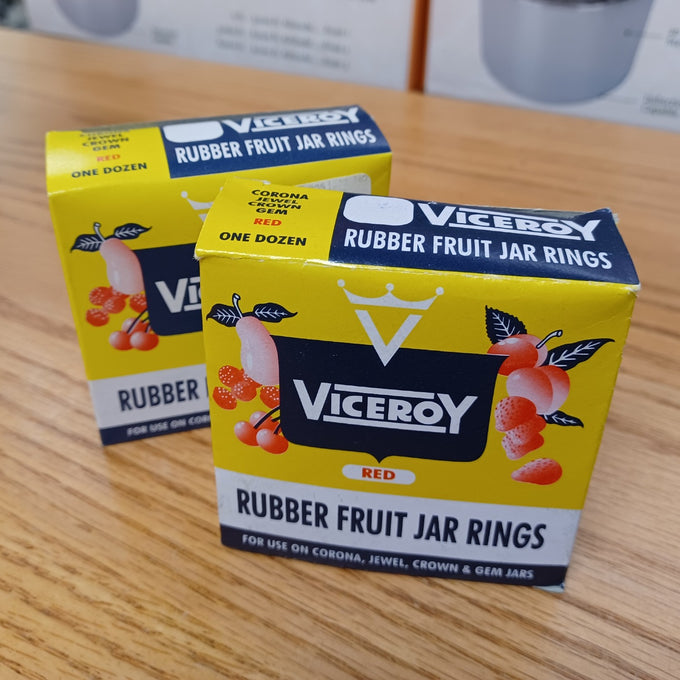 Pairs of yellow Viceroy brand boxes containing red rubber fruit jar rings, designed for Corona, Jewel, Crown, and Gem jars, perfect for canning and food preservation.