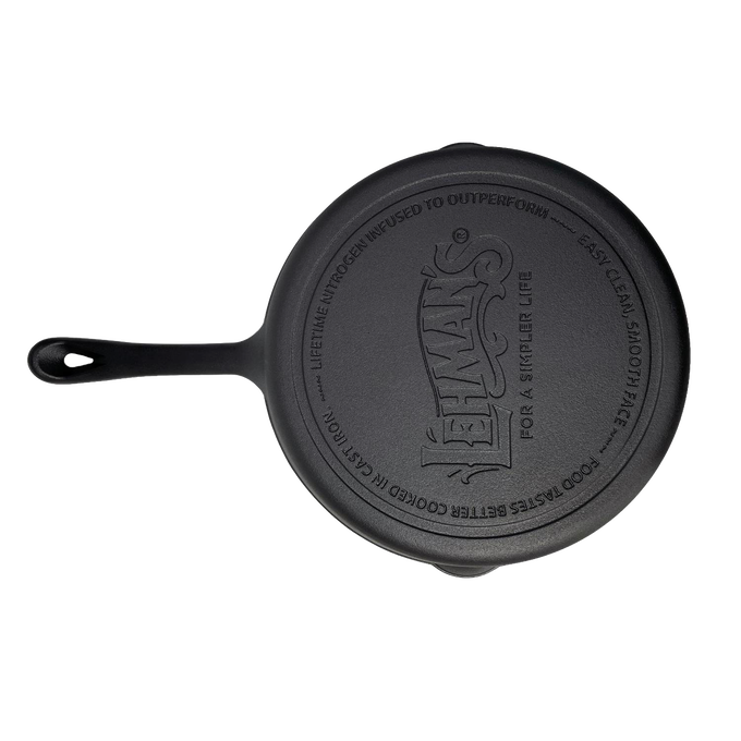 Handcrafted nitrogen-infused cast iron skillet with smooth cooking surface and engraved logo, designed for durability and less sticking, featured in Kitchen & Food, Cookware, Cast Iron, Best Sellers, Promo Eligible, and Sale collections.