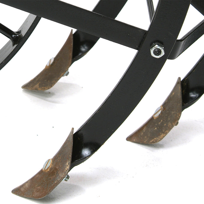 Close-up of handcrafted Amish made steel cultivator blades with adjustable screws, designed for efficient digging and cultivating in farm, garden, and lawncare use.