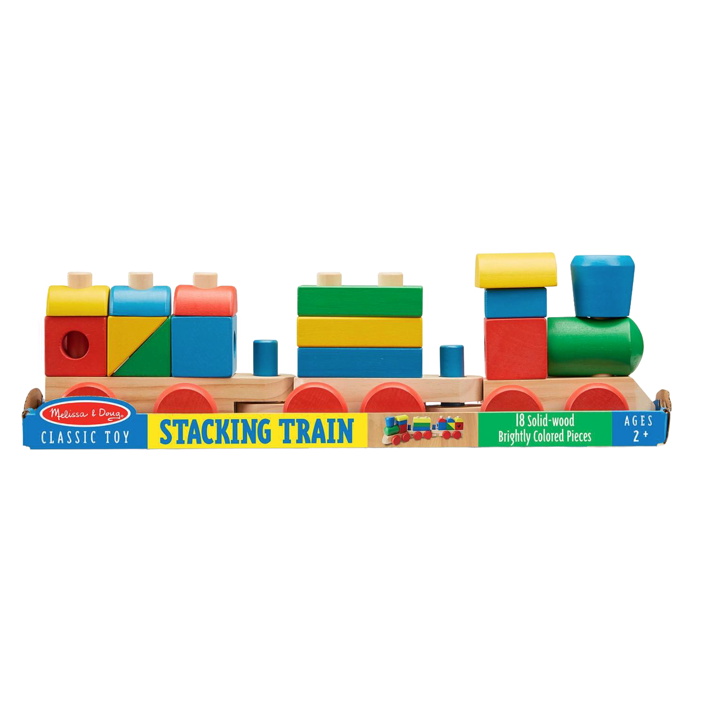 Brightly colored wooden stacking train toy with 18 solid pieces designed for toddlers, promoting indoor play and learning, part of Children's Toys and Best Sellers collections.