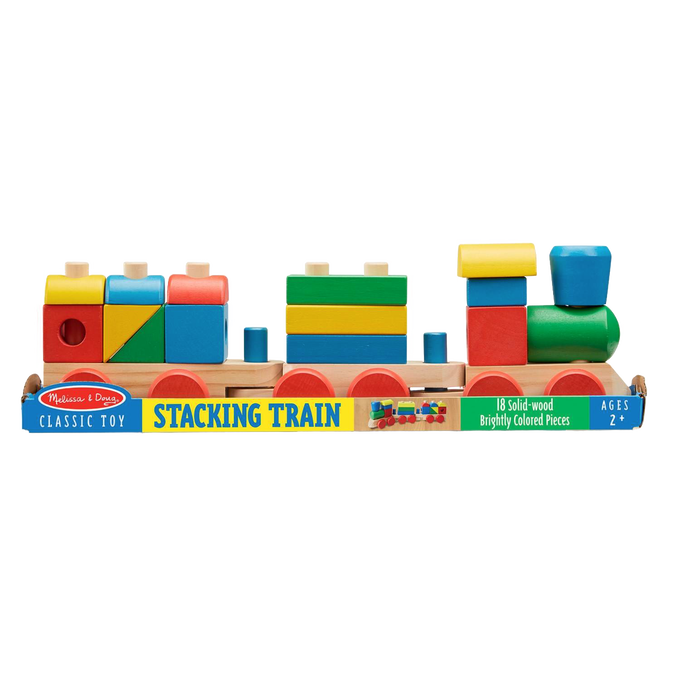 Brightly colored wooden stacking train toy with 18 solid pieces designed for toddlers, promoting indoor play and learning, part of Children's Toys and Best Sellers collections.