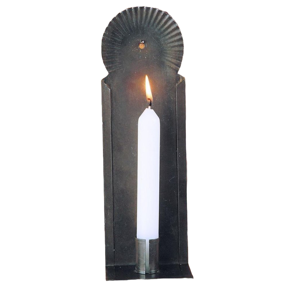 Handmade tin wall candle holder with crimped halo detail, designed for hanging or shelf display, crafted in the USA and featured in Lamps & Lighting and Candleholders collections.
