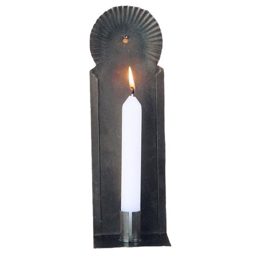 Handmade tin wall candle holder with crimped halo detail, designed for hanging or shelf display, crafted in the USA and featured in Lamps & Lighting and Candleholders collections.