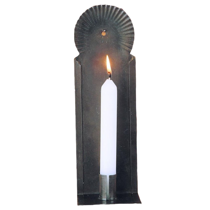 Handmade tin wall candle holder with crimped halo detail, designed for hanging or shelf display, crafted in the USA and featured in Lamps & Lighting and Candleholders collections.