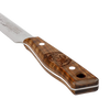 Close-up of a handcrafted utility knife handle made of polished walnut wood with decorative engraving, designed for outdoor cooking and included in camping and kitchen collections.