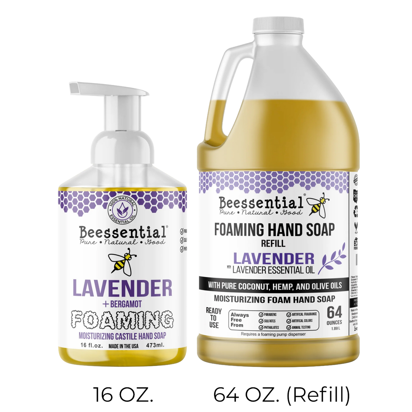Handcrafted foaming hand soap and refill scented with lavender and bergamot essential oils, made with natural coconut, hemp, and olive oils, featured in Health & Wellness, Soaps, USA Made, and Best Sellers collections.