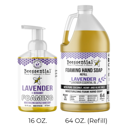 Handcrafted foaming hand soap and refill scented with lavender and bergamot essential oils, made with natural coconut, hemp, and olive oils, featured in Health & Wellness, Soaps, USA Made, and Best Sellers collections.