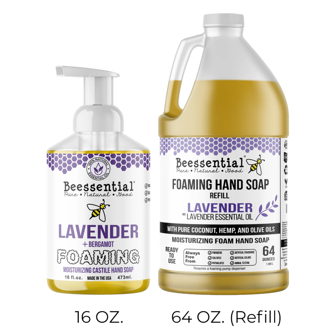 Handcrafted foaming hand soap and refill scented with lavender and bergamot essential oils, made with natural coconut, hemp, and olive oils, featured in Health & Wellness, Soaps, USA Made, and Best Sellers collections.