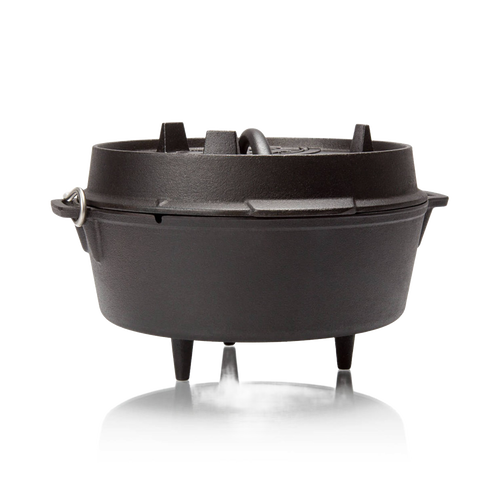 Robust cast iron Dutch oven with three tall legs and a fitted lid featuring a sturdy handle, designed for reliable outdoor and indoor cooking in Kitchen & Food, Cookware, Cast Iron collections.