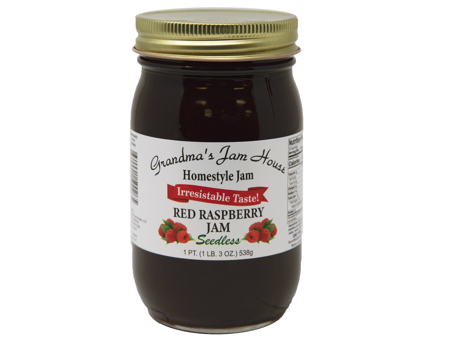 Handcrafted jar of seedless red raspberry jam with gold lid and label featuring raspberry illustrations and "Irresistable Taste," made in USA, ideal for Kitchen & Food, Pantry, Peanut Butter & Jellies, Best Sellers, and Promo Eligible collections.