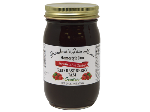 Handcrafted jar of seedless red raspberry jam with gold lid and label featuring raspberry illustrations and "Irresistable Taste," made in USA, ideal for Kitchen & Food, Pantry, Peanut Butter & Jellies, Best Sellers, and Promo Eligible collections.