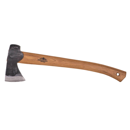 Hand-forged Hunter's axe with a sharp Swedish steel blade and a smooth wooden handle, crafted for versatile use in farm, garden, and woodcutting tasks, featured in Knives & Axes.
