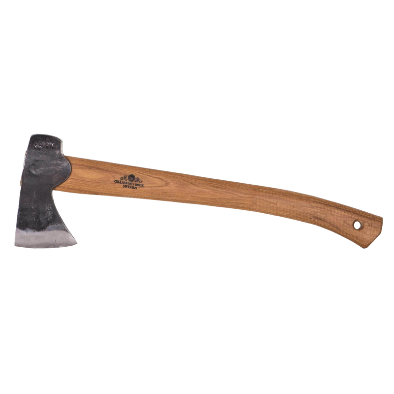 Hand-forged Hunter's axe with a sharp Swedish steel blade and a smooth wooden handle, crafted for versatile use in farm, garden, and woodcutting tasks, featured in Knives & Axes.
