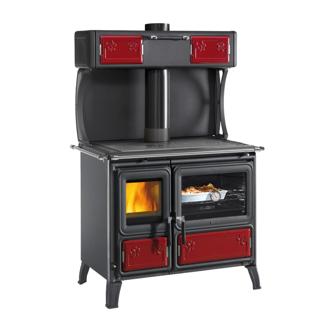Handcrafted traditional wood cook stove with cast iron fire door, decorative red enamel panels, and optional food warming compartment, ideal for Stoves, Cookstoves, Best Sellers, and All Stoves & Appliances collections.