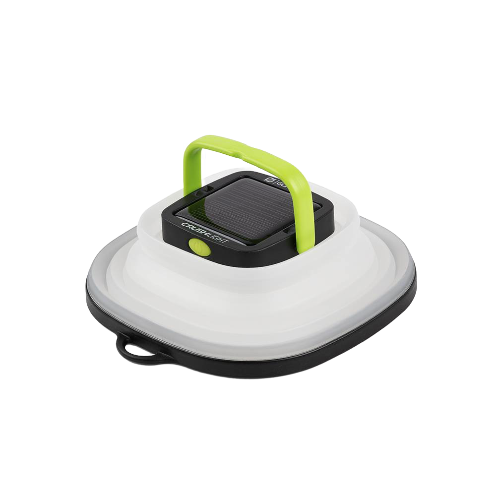 Compact solar lantern with collapsible white silicone body, bright green handle, and black solar panel top, ideal for emergency supplies, camping, and solar LED lighting collections.
